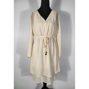 SOHO Apparel LTD.Long Sleeve Dress V-Neck Drawstring Waist  Beige Dress Size S